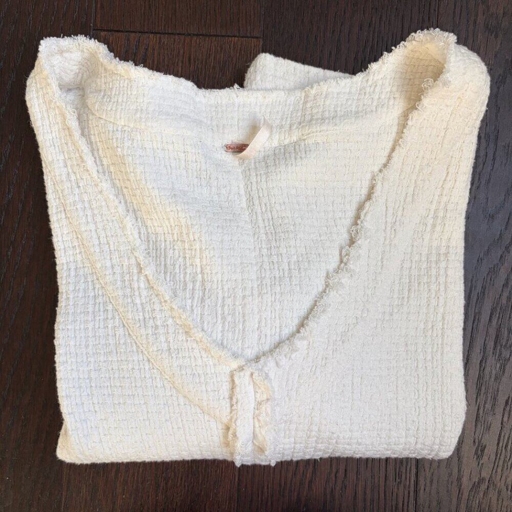 Free People Thermal Waffle-Knit V-Neck Short Sleeve Top (White) - Size Large